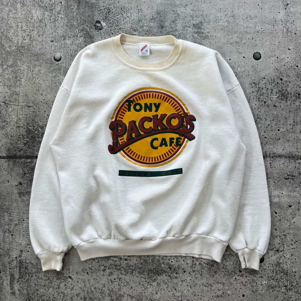 Vintage Jerzees Sweatshirt Men XL White Tony Packos Cafe Restaurant Toledo 80s